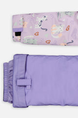 Close-up of the purple cat print DISCOVER jacket cuff and the adjustable lavender pant hem