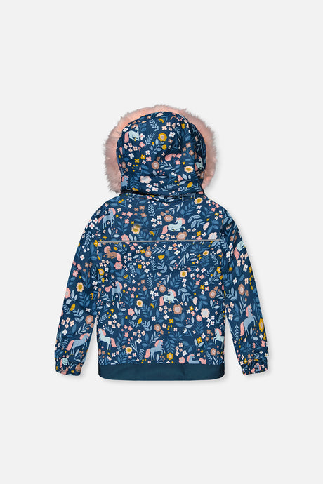 Deux par Deux DISCOVER blue unicorn print jacket with pink faux-fur hood, back view