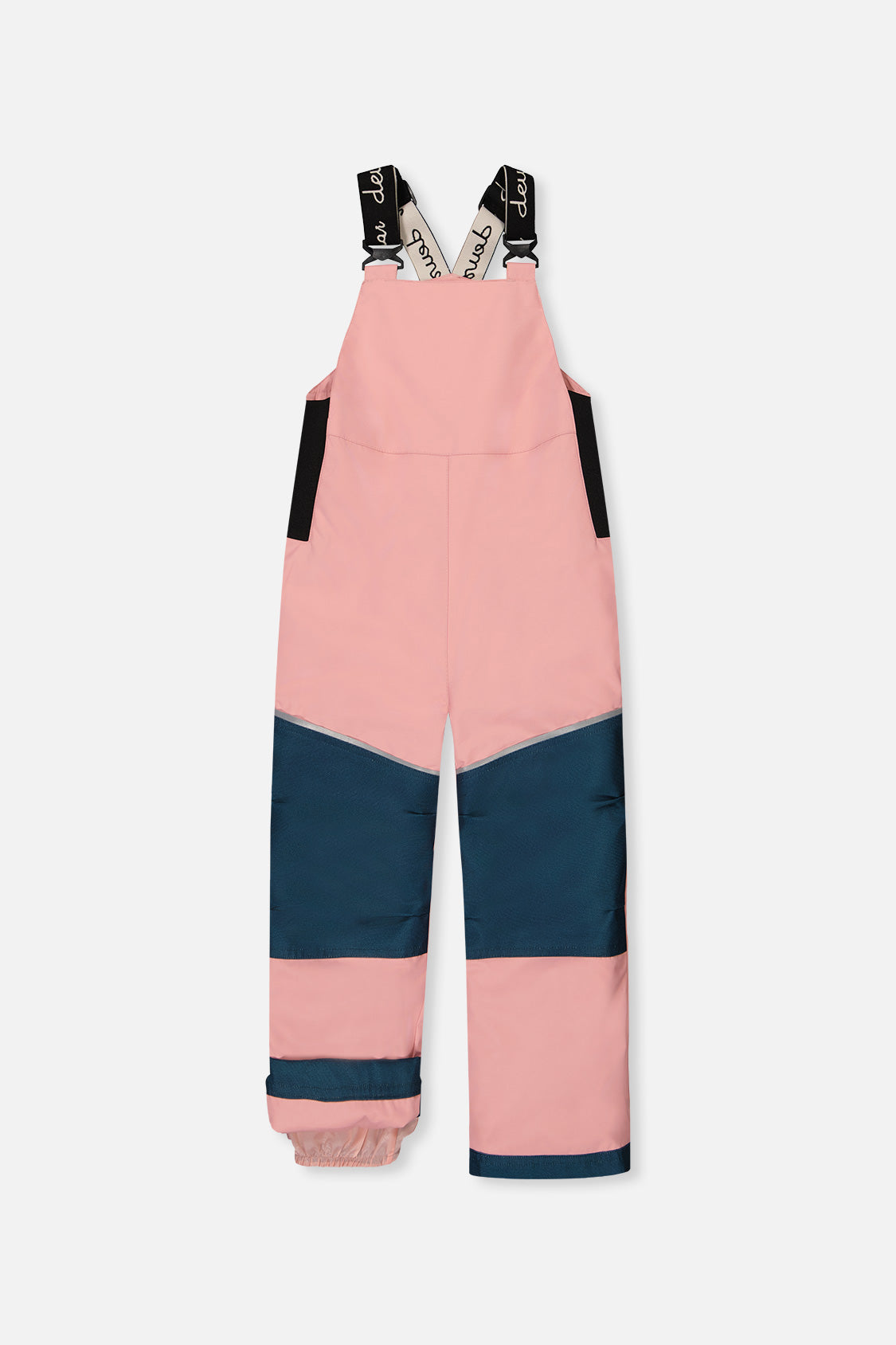 Deux par Deux DISCOVER pink bib snow pants with dark teal knee panels, front view