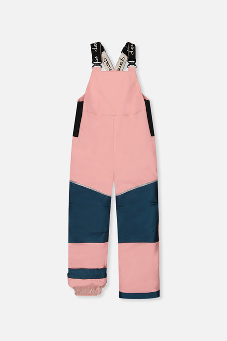 Deux par Deux DISCOVER pink bib snow pants with dark teal knee panels, front view