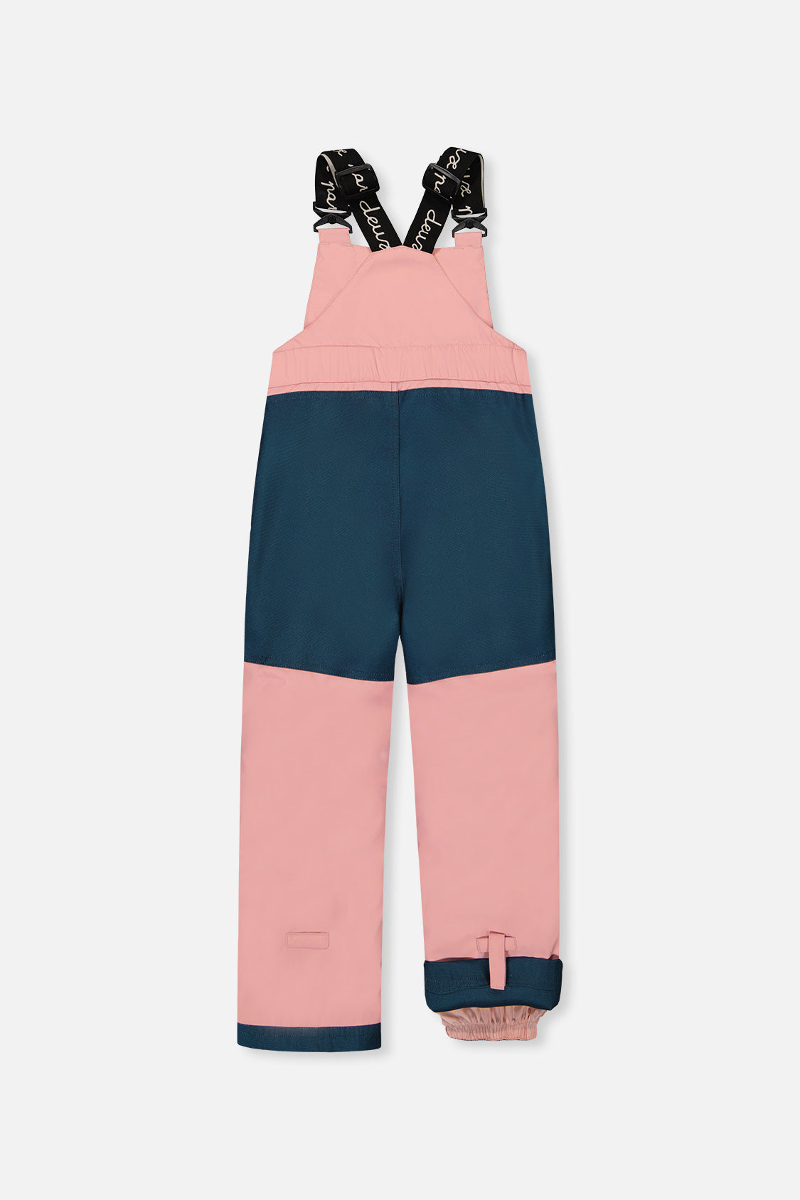 Deux par Deux DISCOVER pink bib snow pants with dark teal seat panel, back view