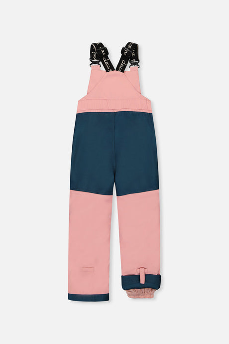 Deux par Deux DISCOVER pink bib snow pants with dark teal seat panel, back view