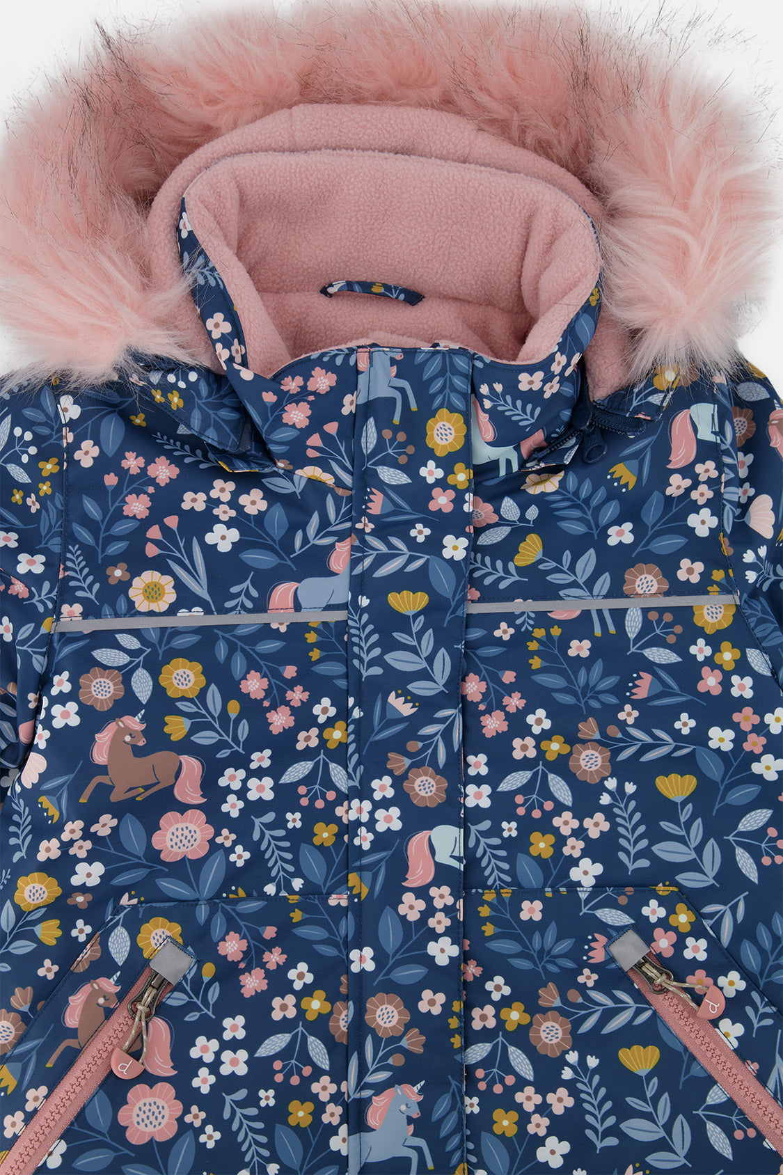 Close-up of the Deux par Deux unicorn print DISCOVER jacket collar and pink faux-fur hood
