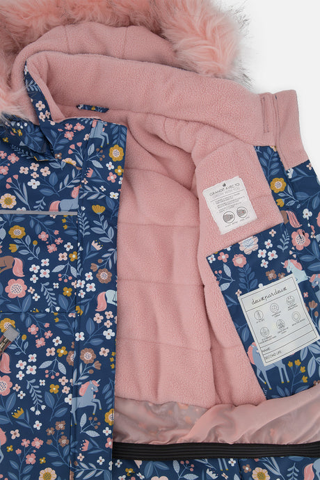 Deux par Deux unicorn print DISCOVER jacket opened to show the pink fleece lining