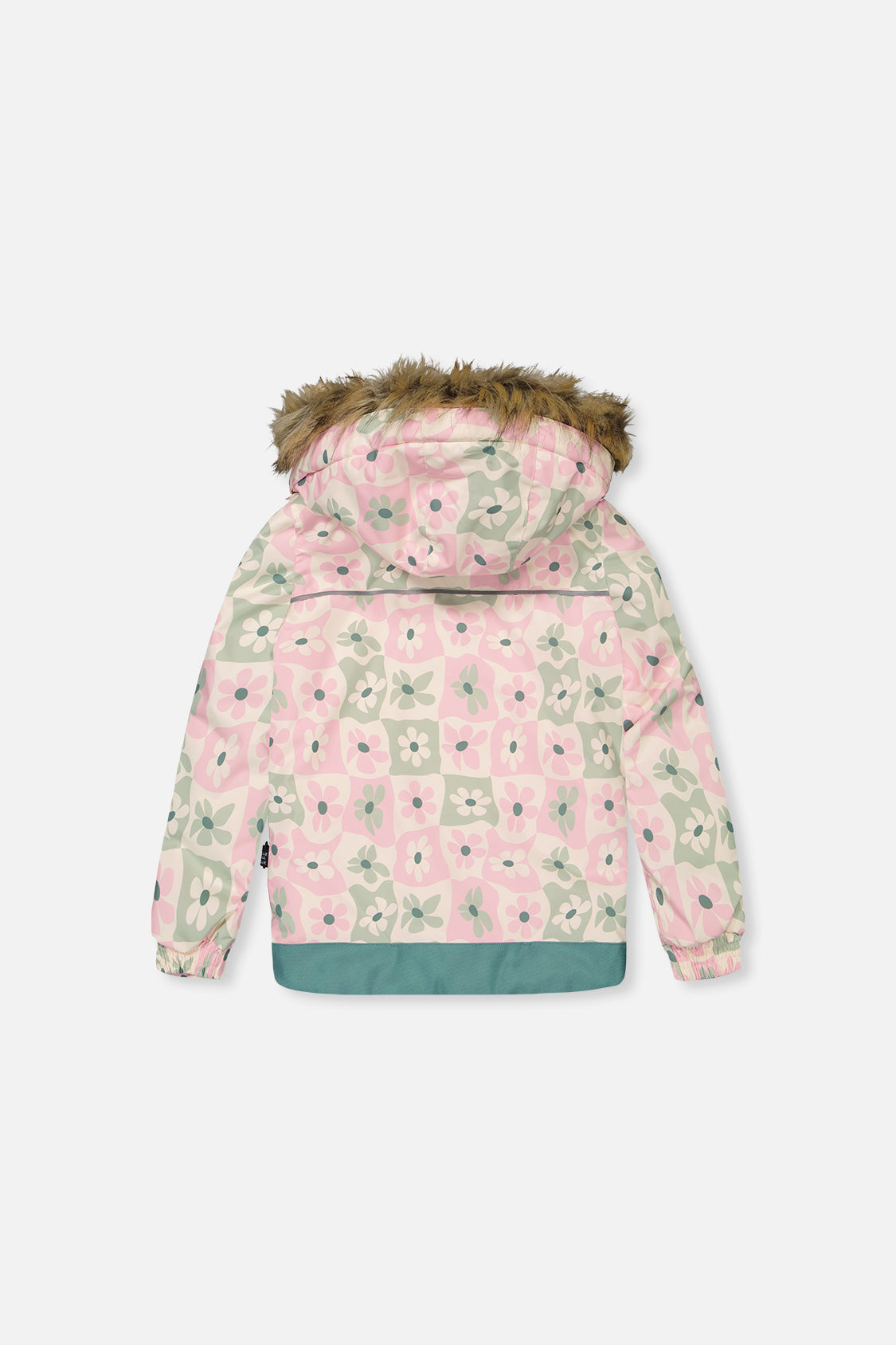 Deux par Deux DISCOVER white retro pink print jacket with faux-fur hood, back view