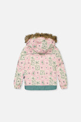 Deux par Deux DISCOVER white retro pink print jacket with faux-fur hood, back view