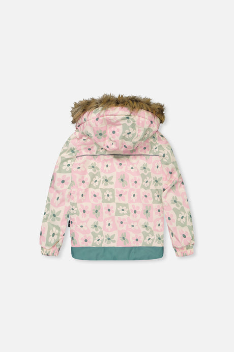 Deux par Deux DISCOVER white retro pink print jacket with faux-fur hood, back view