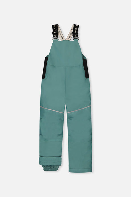 Deux par Deux DISCOVER sage green bib snow pants with suspenders, front view