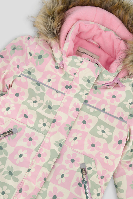 Close-up of the Deux par Deux retro pink print DISCOVER jacket collar and faux-fur hood
