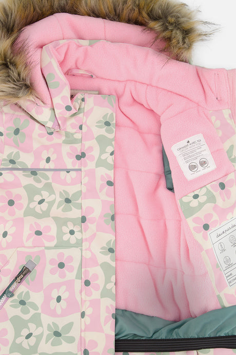 Deux par Deux retro pink print DISCOVER jacket opened to show the pink fleece lining