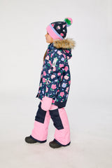 Child wearing the Deux par Deux navy floral DISCOVER snowsuit, side view