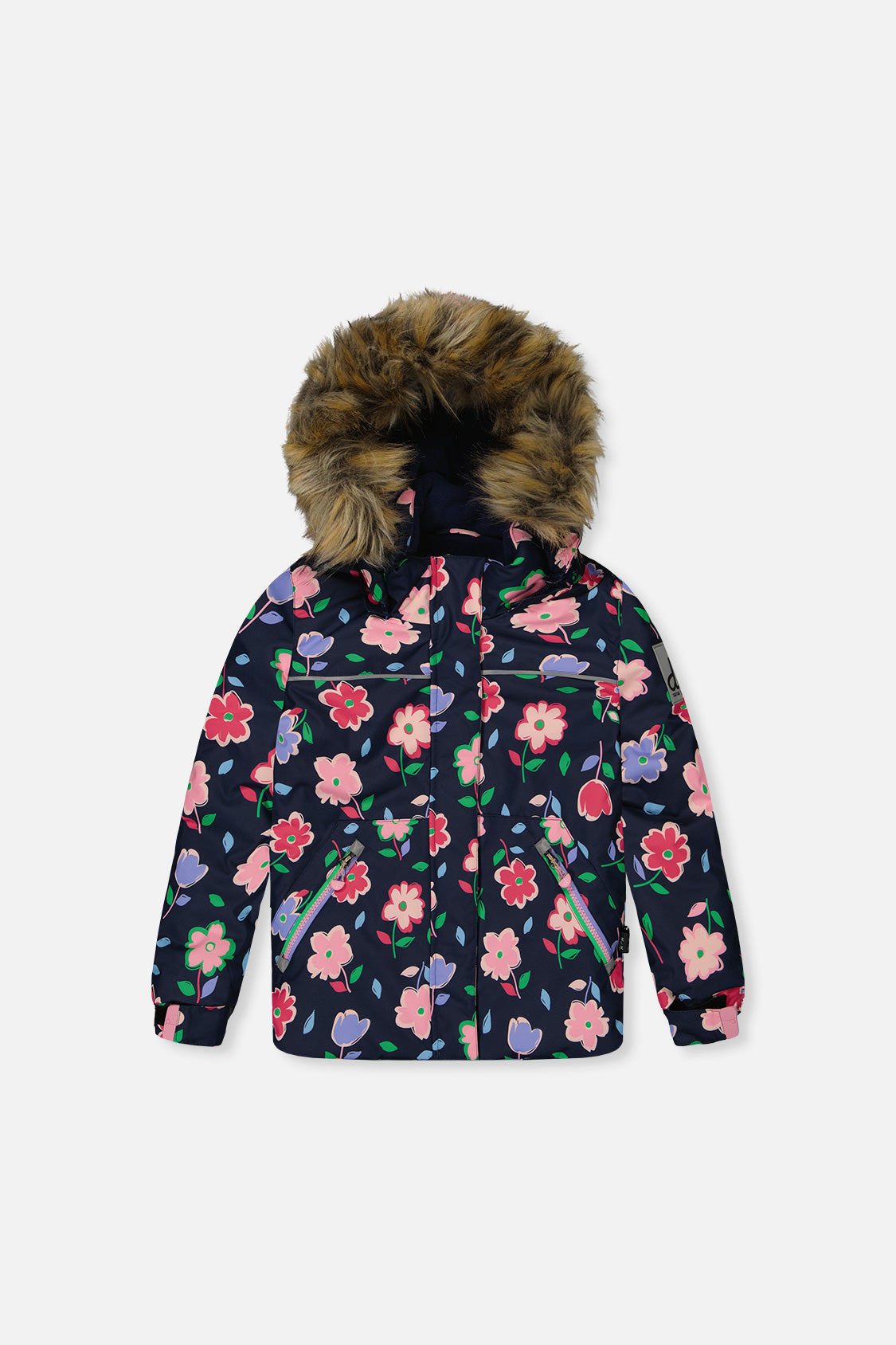 Deux par Deux DISCOVER navy floral jacket with faux-fur hood, front view