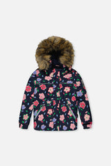 Deux par Deux DISCOVER navy floral jacket with faux-fur hood, front view