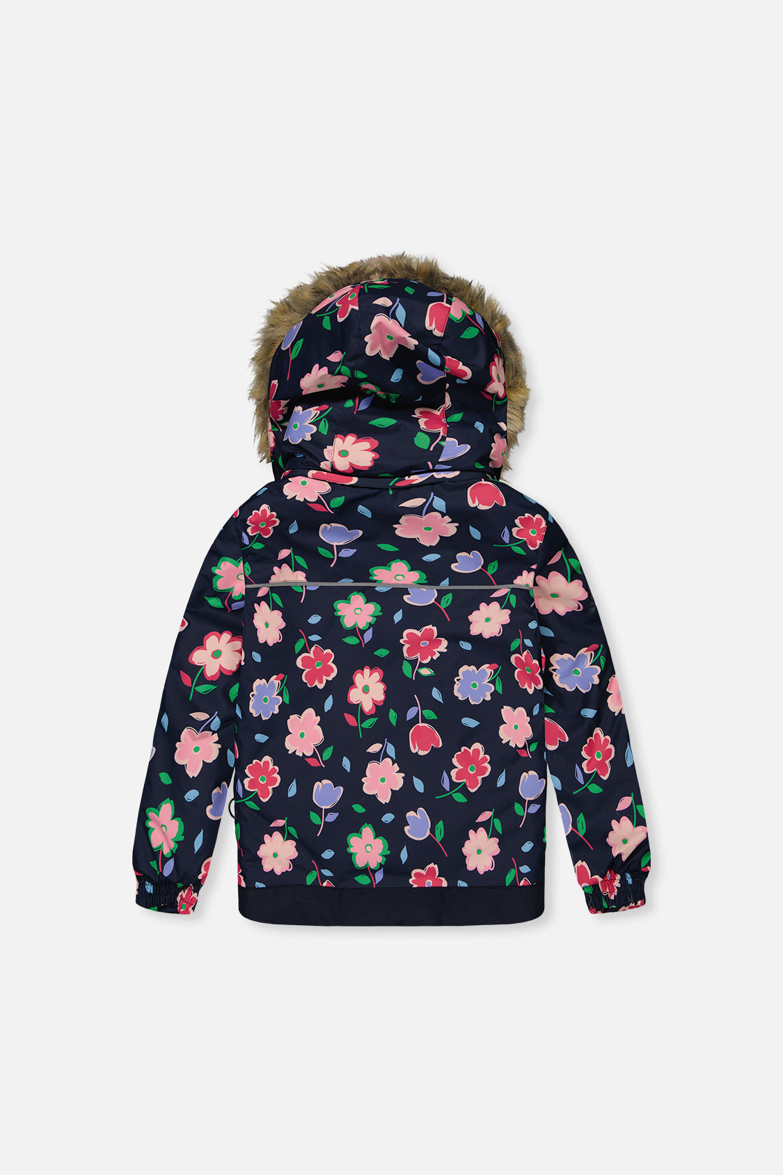 Deux par Deux DISCOVER navy floral jacket with faux-fur hood, back view