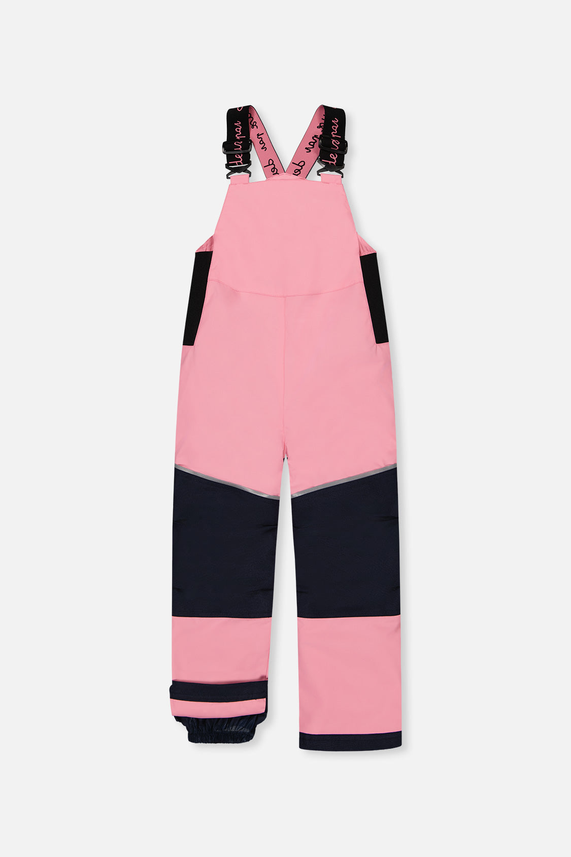 Deux par Deux DISCOVER pink bib snow pants with navy knee panels, front view