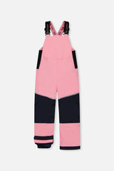 Deux par Deux DISCOVER pink bib snow pants with navy knee panels, front view