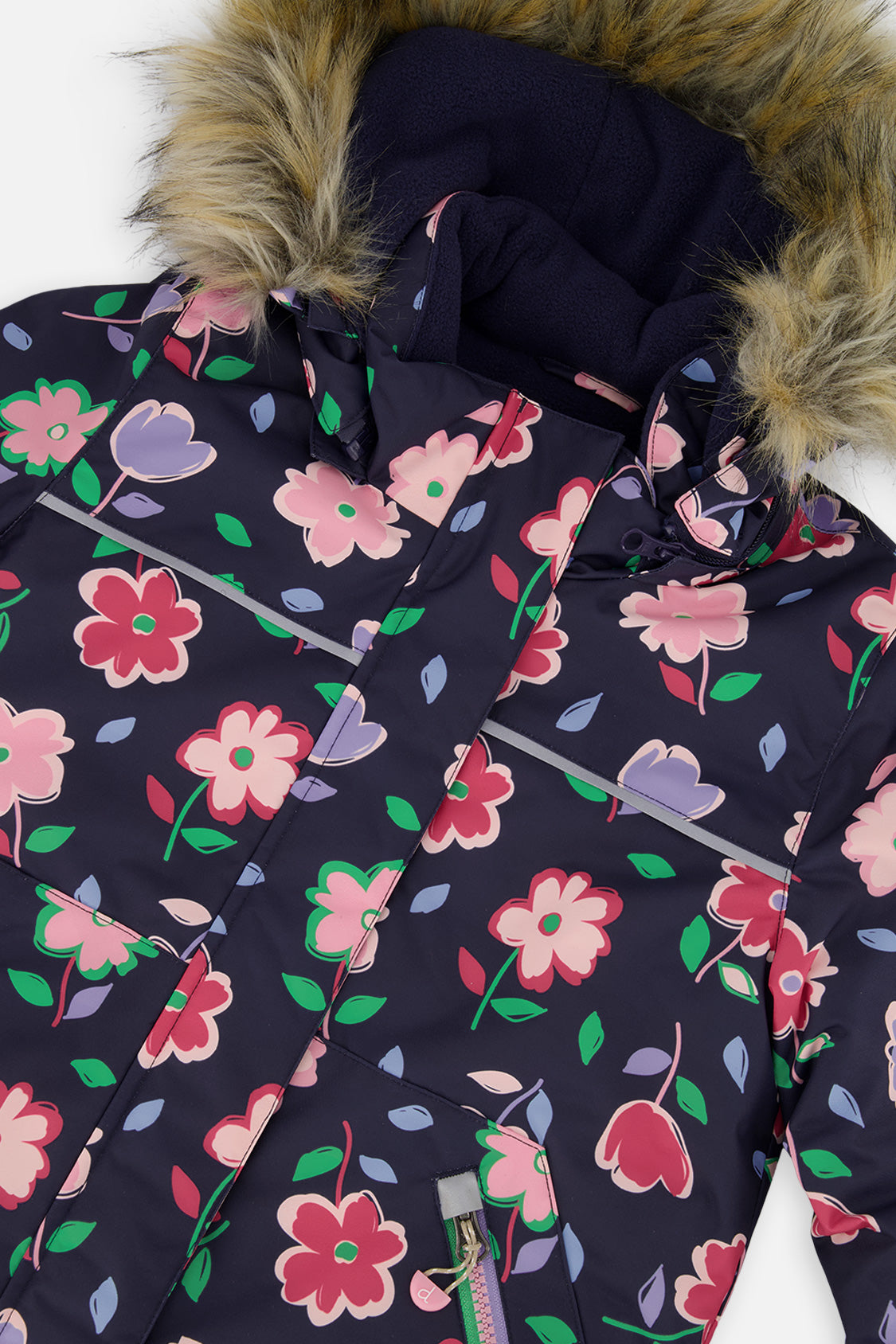 Close-up of the Deux par Deux navy floral DISCOVER jacket print and faux-fur hood