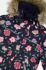 Close-up of the Deux par Deux navy floral DISCOVER jacket print and faux-fur hood
