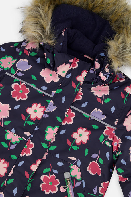 Close-up of the Deux par Deux navy floral DISCOVER jacket print and faux-fur hood