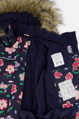 Deux par Deux navy floral DISCOVER jacket opened to show the navy fleece lining