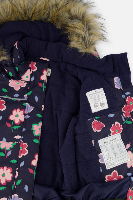 Deux par Deux navy floral DISCOVER jacket opened to show the navy fleece lining