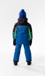 Child wearing the royal blue and green Deux par Deux CHILL snowsuit, lookbook view 3