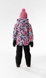 Child wearing the Deux par Deux purple floral CHILL lightweight snowsuit, lookbook photo 3