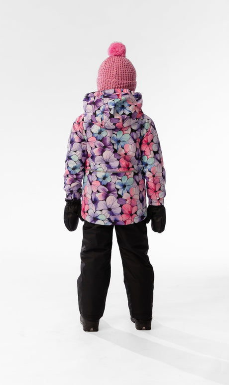 Child wearing the Deux par Deux purple floral CHILL lightweight snowsuit, lookbook photo 3