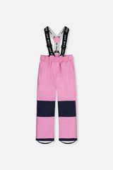 Deux par Deux pink CHILL snow pants with suspenders and navy knee panels, front view