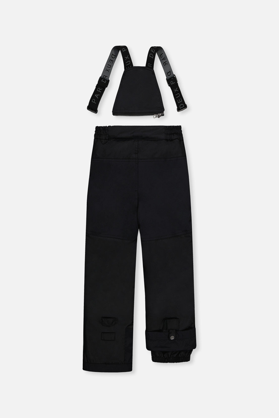 Deux par Deux boys PLAY snowsuit, red and black – black snow pants, back view with suspenders off