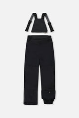 Deux par Deux boys PLAY snowsuit, all-black – black snow pants, back view with suspenders off