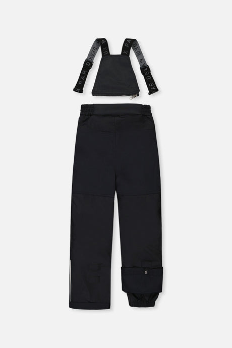Deux par Deux boys PLAY snowsuit, all-black – black snow pants, back view with suspenders off