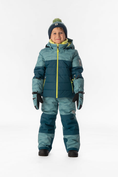 Child wearing the greyish blue and navy Deux par Deux PLAY snowsuit, full-length front view