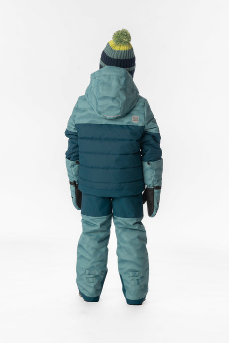 Child wearing the greyish blue and navy Deux par Deux PLAY snowsuit, back view