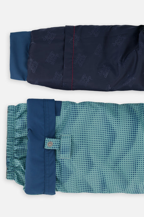 Deux par Deux PLAY greyish blue and navy snowsuit, sleeve cuff and pant hem close-up