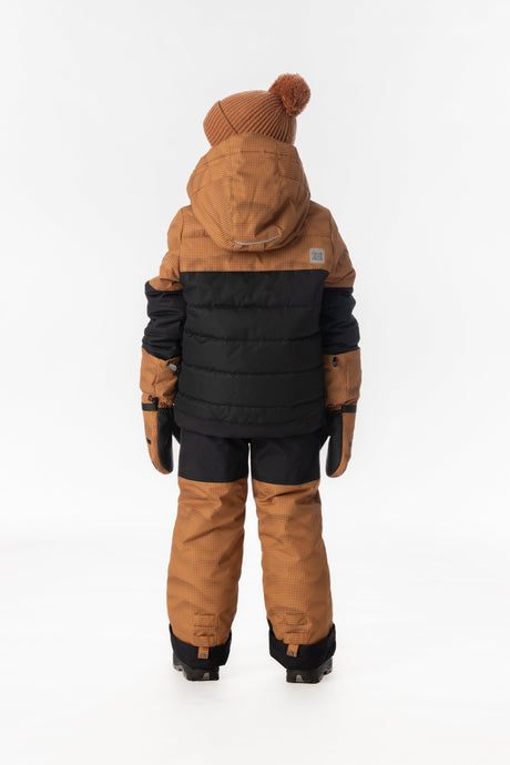 Boy in the brown and black Deux par Deux PLAY snowsuit, back view