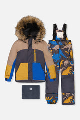 Two Piece Play Snowsuit Colorblock With Grey And Blue Dinosaur Print Pants-0