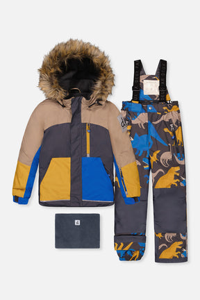 Two Piece Play Snowsuit Colorblock With Grey And Blue Dinosaur Print Pants-0