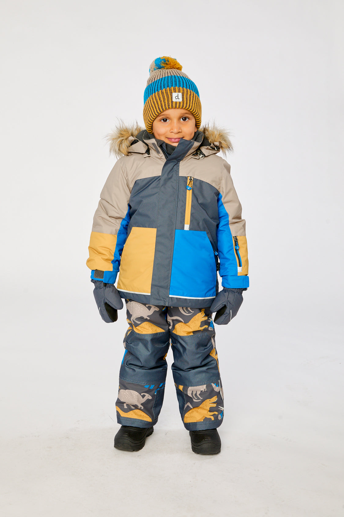 Two Piece Play Snowsuit Colorblock With Grey And Blue Dinosaur Print Pants-1