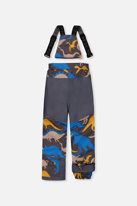 Deux par Deux boys' PLAY snowsuit with colorblock jacket and grey and blue dinosaur-print pants, additional product view