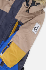 Deux par Deux boys' PLAY snowsuit with colorblock jacket and grey and blue dinosaur-print pants, additional product view