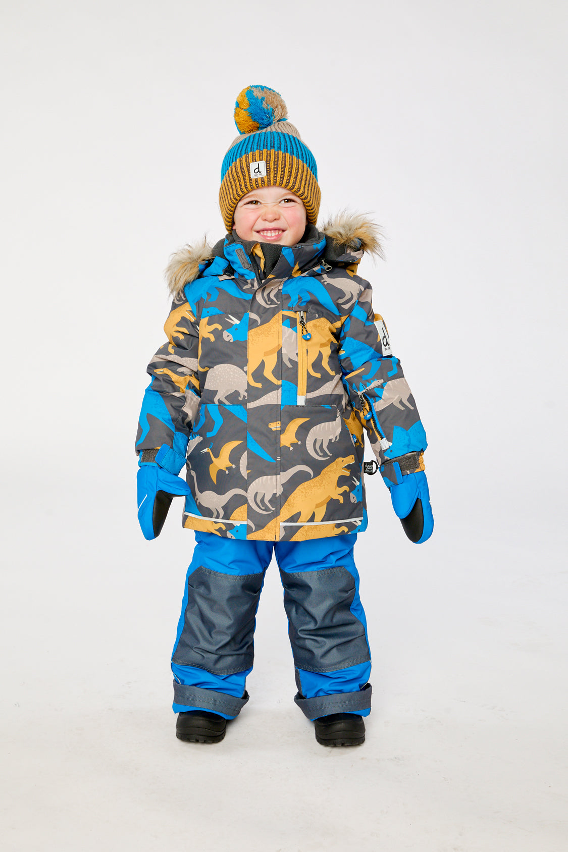 Two Piece Play Snowsuit Grey And Blue Dinosaur Print With Blue Pants-1