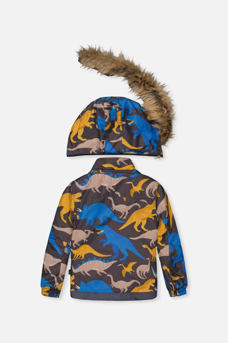 Deux par Deux dinosaur-print PLAY jacket, back view with faux-fur hood detached