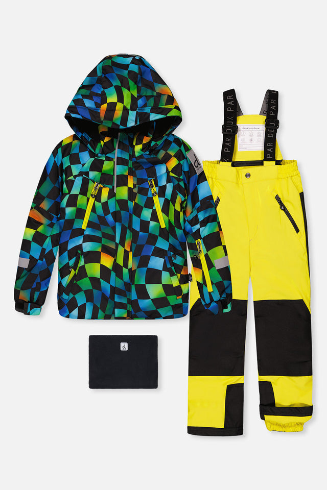 Two Piece Play Snowsuit Green Yellow And Blue Checkerboard With Yellow Pants-0