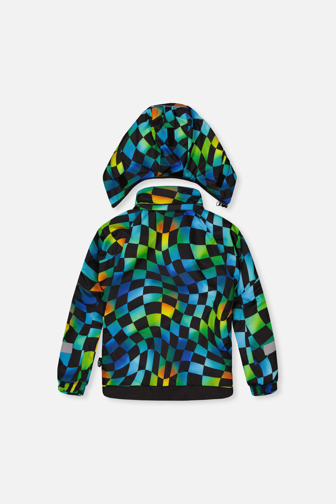 Deux par Deux PLAY green, yellow and blue checkerboard jacket with hood, back view