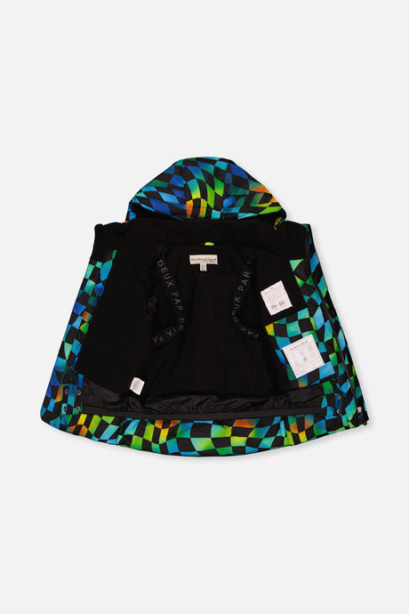 Deux par Deux PLAY checkerboard jacket opened to show the black fleece lining and inside straps