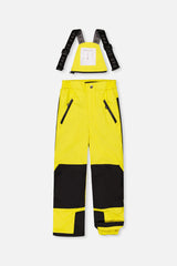Deux par Deux PLAY yellow snow pants with black knee panels and suspenders, front view
