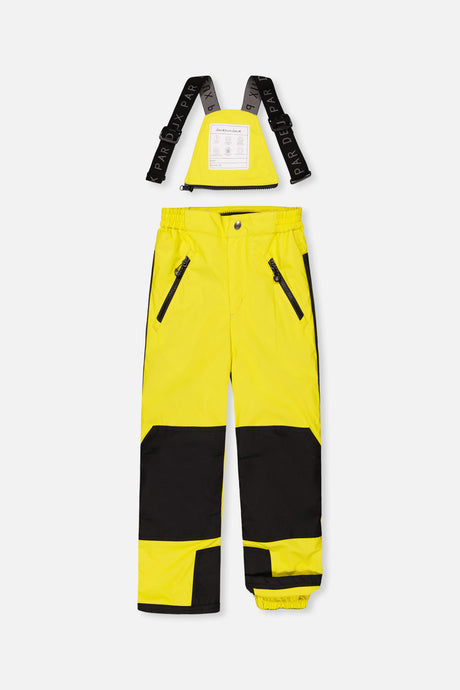 Deux par Deux PLAY yellow snow pants with black knee panels and suspenders, front view