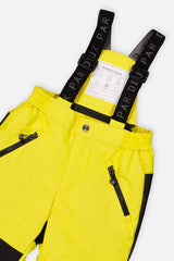 Close-up of the Deux par Deux yellow PLAY snow pants waist, zippered pockets and suspenders
