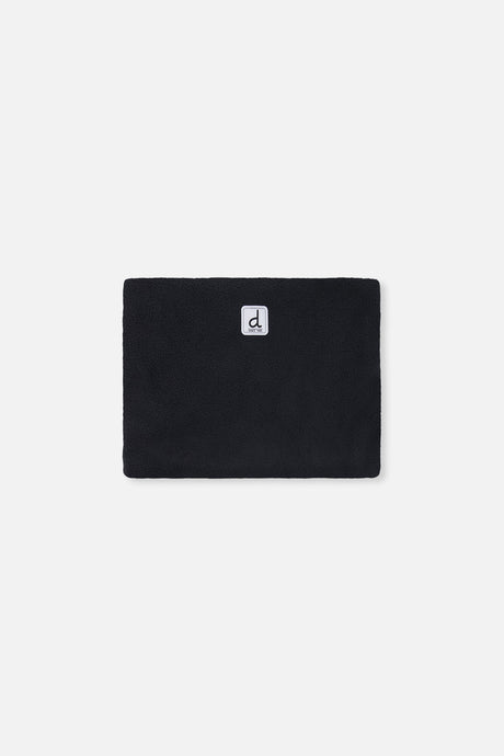 Black polar fleece neckwarmer included with the Deux par Deux checkerboard PLAY snowsuit